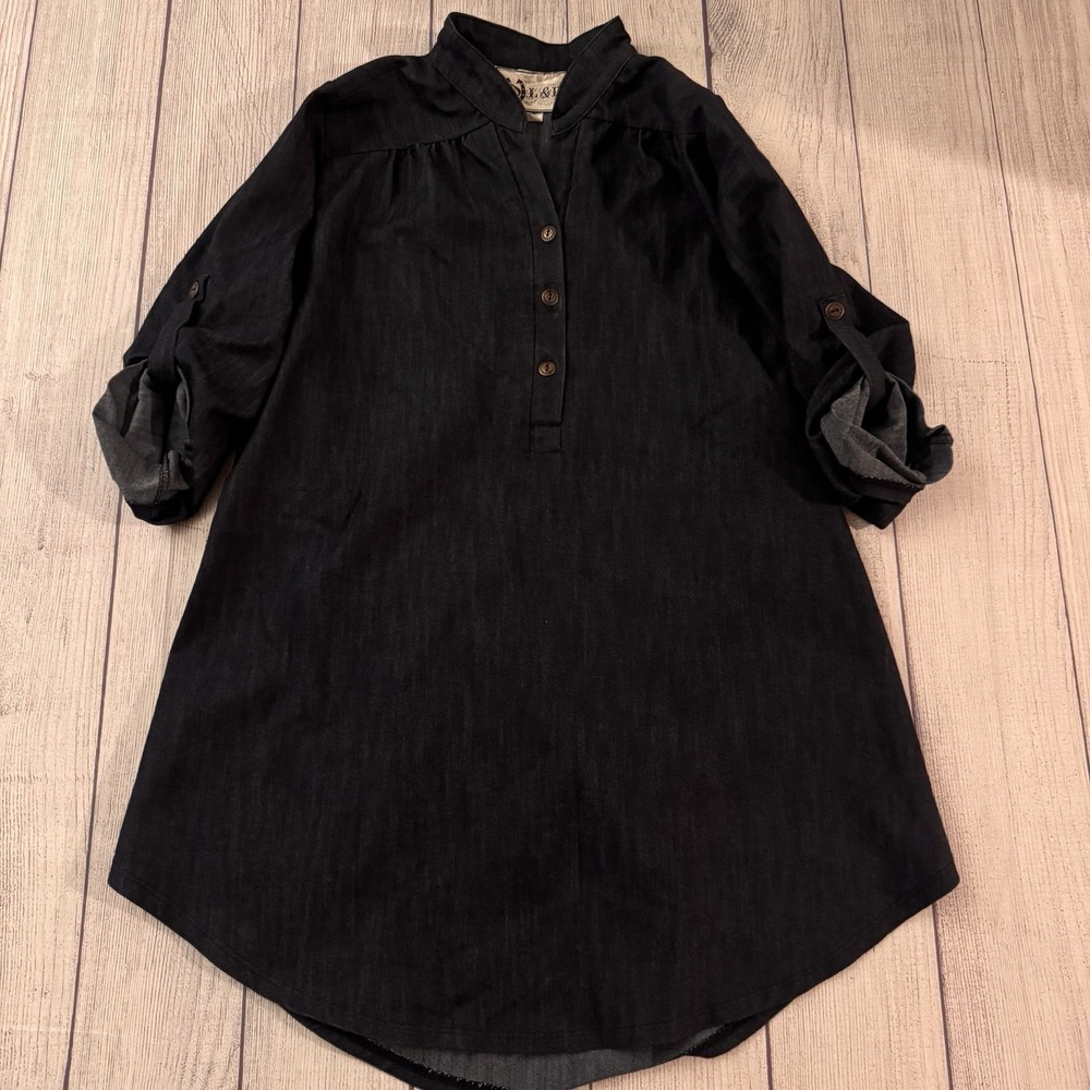 L&B Blue Denim Shirt Dress Womens Small Roll Tab Sleeve Western Cotton USA